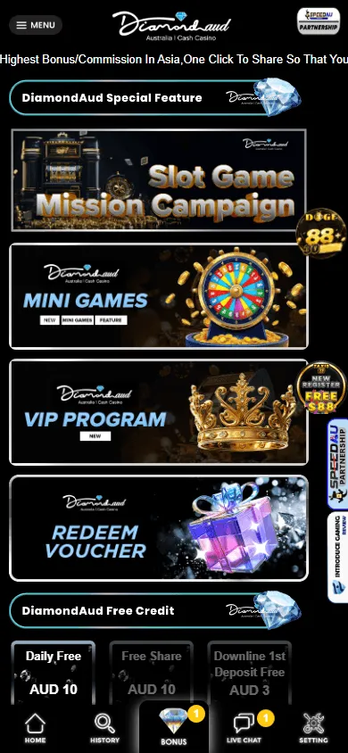 Diamond Aud Casino promotions area on a mobile device