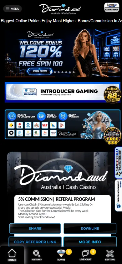 Diamond Aud Casino home page on a mobile device