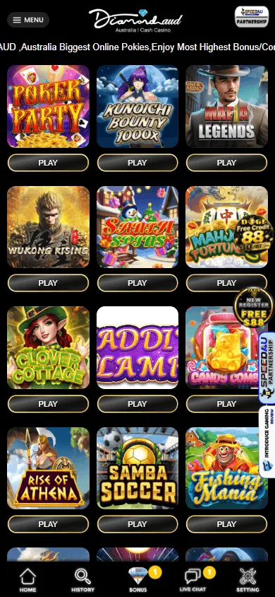 Diamond Aud Casino games area on a mobile device